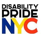 the disability Pride parade logo, with multi color letters on white background